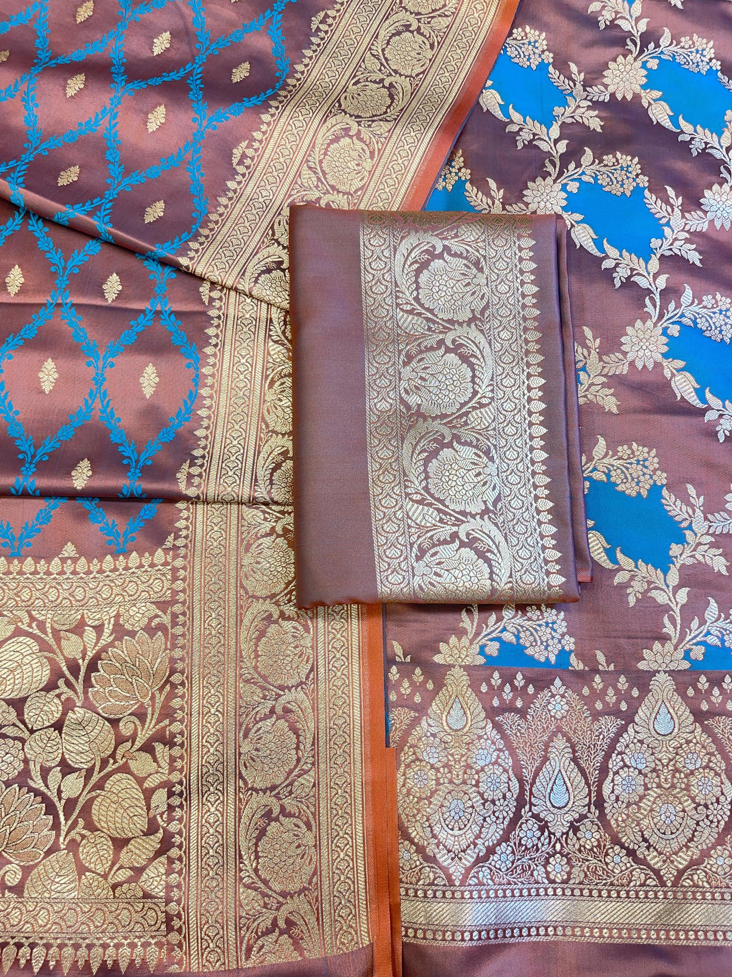 Pure Handloom Dark Brown Mashru Silk Floral Rangkaat Floral Zari Jaal Banarasi 3 pcs Suit Set 26AJ_MSR7