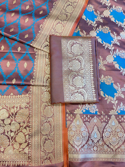 Pure Handloom Dark Brown Mashru Silk Floral Rangkaat Floral Zari Jaal Banarasi 3 pcs Suit Set 26AJ_MSR7
