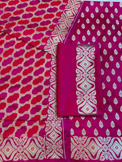 Pure Handloom Magenta Mashru Silk Floral Zari Booti with Rangkaat Dupatta Banarasi 3 pcs Suit Set 26AJ_MSR8