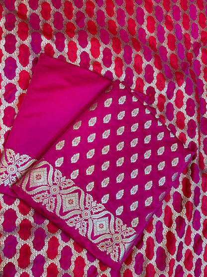 Pure Handloom Magenta Mashru Silk Floral Zari Booti with Rangkaat Dupatta Banarasi 3 pcs Suit Set 26AJ_MSR8