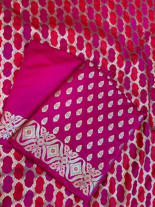 Pure Handloom Magenta Mashru Silk Floral Zari Booti with Rangkaat Dupatta Banarasi 3 pcs Suit Set 26AJ_MSR8