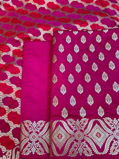 Pure Handloom Magenta Mashru Silk Floral Zari Booti with Rangkaat Dupatta Banarasi 3 pcs Suit Set 26AJ_MSR8