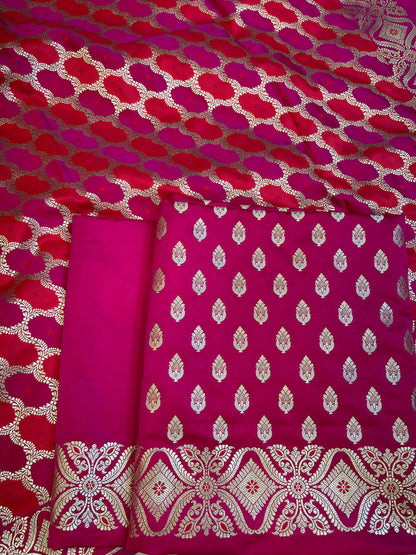 Pure Handloom Magenta Mashru Silk Floral Zari Booti with Rangkaat Dupatta Banarasi 3 pcs Suit Set 26AJ_MSR8