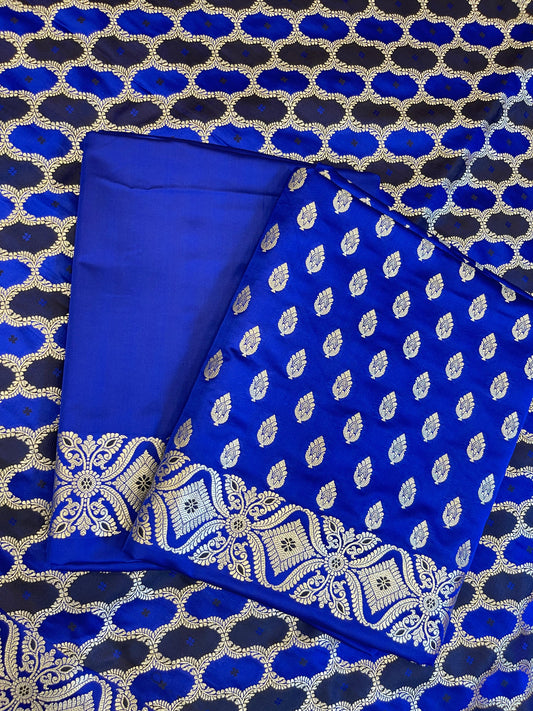 Pure Handloom Blue Mashru Silk Floral Zari Booti with Rangkaat Dupatta Banarasi 3 pcs Suit Set 26AJ_MSR9