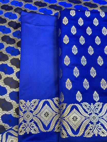 Pure Handloom Blue Mashru Silk Floral Zari Booti with Rangkaat Dupatta Banarasi 3 pcs Suit Set 26AJ_MSR9