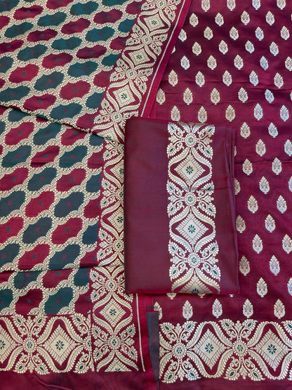 Pure Handloom Wine Mashru Silk Floral Zari Booti with Rangkaat Dupatta Banarasi 3 pcs Suit Set 26AJ_MSR10