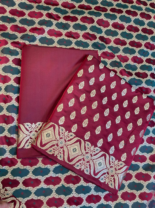Pure Handloom Wine Mashru Silk Floral Zari Booti with Rangkaat Dupatta Banarasi 3 pcs Suit Set 26AJ_MSR10