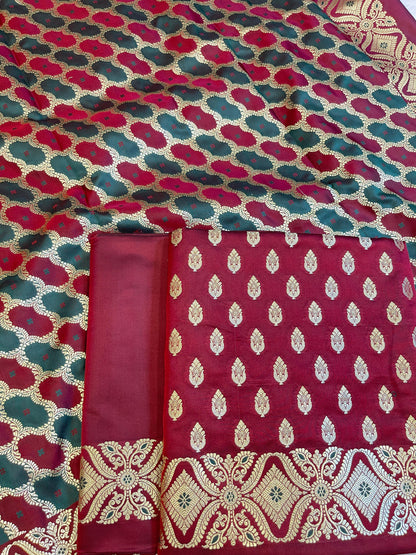 Pure Handloom Wine Mashru Silk Floral Zari Booti with Rangkaat Dupatta Banarasi 3 pcs Suit Set 26AJ_MSR10