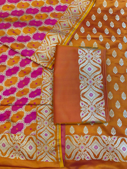 Pure Handloom Mustard Yellow Mashru Silk Floral Zari Booti with Rangkaat Dupatta Banarasi 3 pcs Suit Set 26AJ_MSR12
