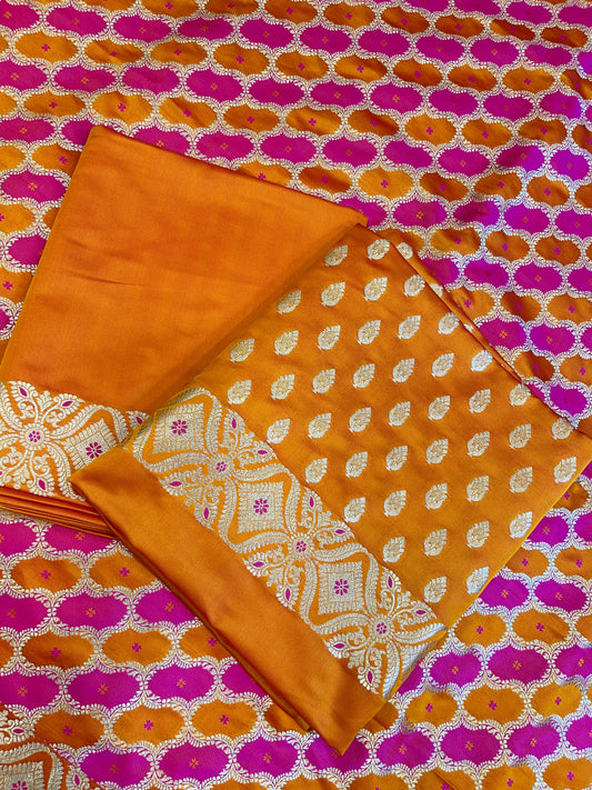 Pure Handloom Mustard Yellow Mashru Silk Floral Zari Booti with Rangkaat Dupatta Banarasi 3 pcs Suit Set 26AJ_MSR12