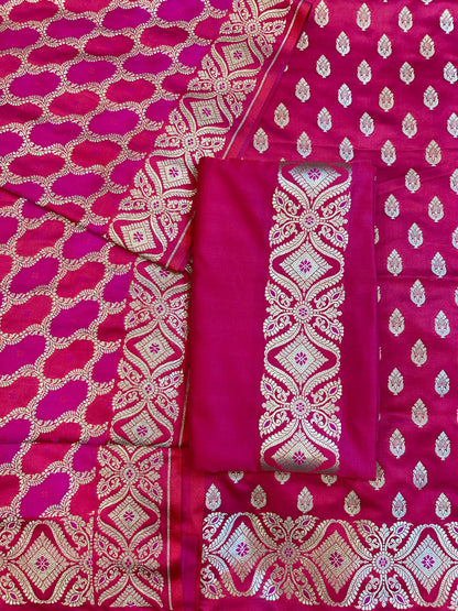 Pure Handloom Pink Mashru Silk Floral Zari Booti with Rangkaat Dupatta Banarasi 3 pcs Suit Set 26AJ_MSR13