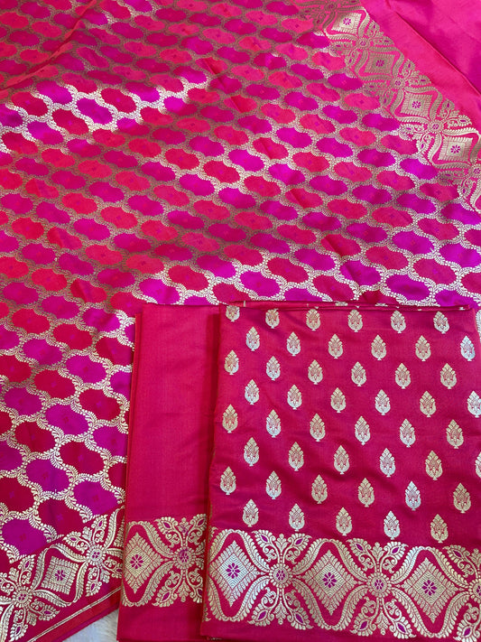 Pure Handloom Pink Mashru Silk Floral Zari Booti with Rangkaat Dupatta Banarasi 3 pcs Suit Set 26AJ_MSR13