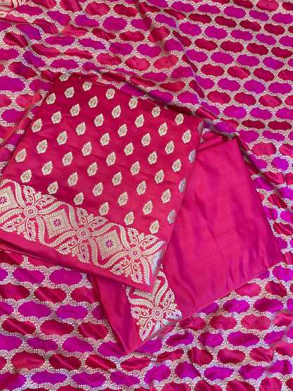 Pure Handloom Pink Mashru Silk Floral Zari Booti with Rangkaat Dupatta Banarasi 3 pcs Suit Set 26AJ_MSR13
