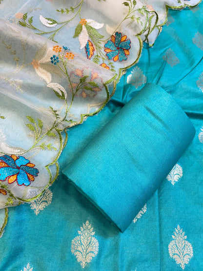 Seagreen Cotton Silk Dyable Floral Zari Booti with Embroidered Dupatta Banarasi 3 pcs Suit Set 14IM_DCS16