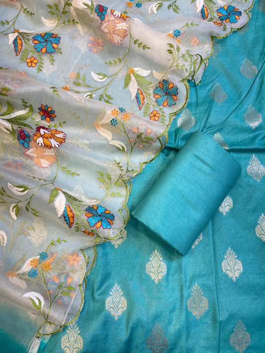 Seagreen Cotton Silk Dyable Floral Zari Booti with Embroidered Dupatta Banarasi 3 pcs Suit Set 14IM_DCS16