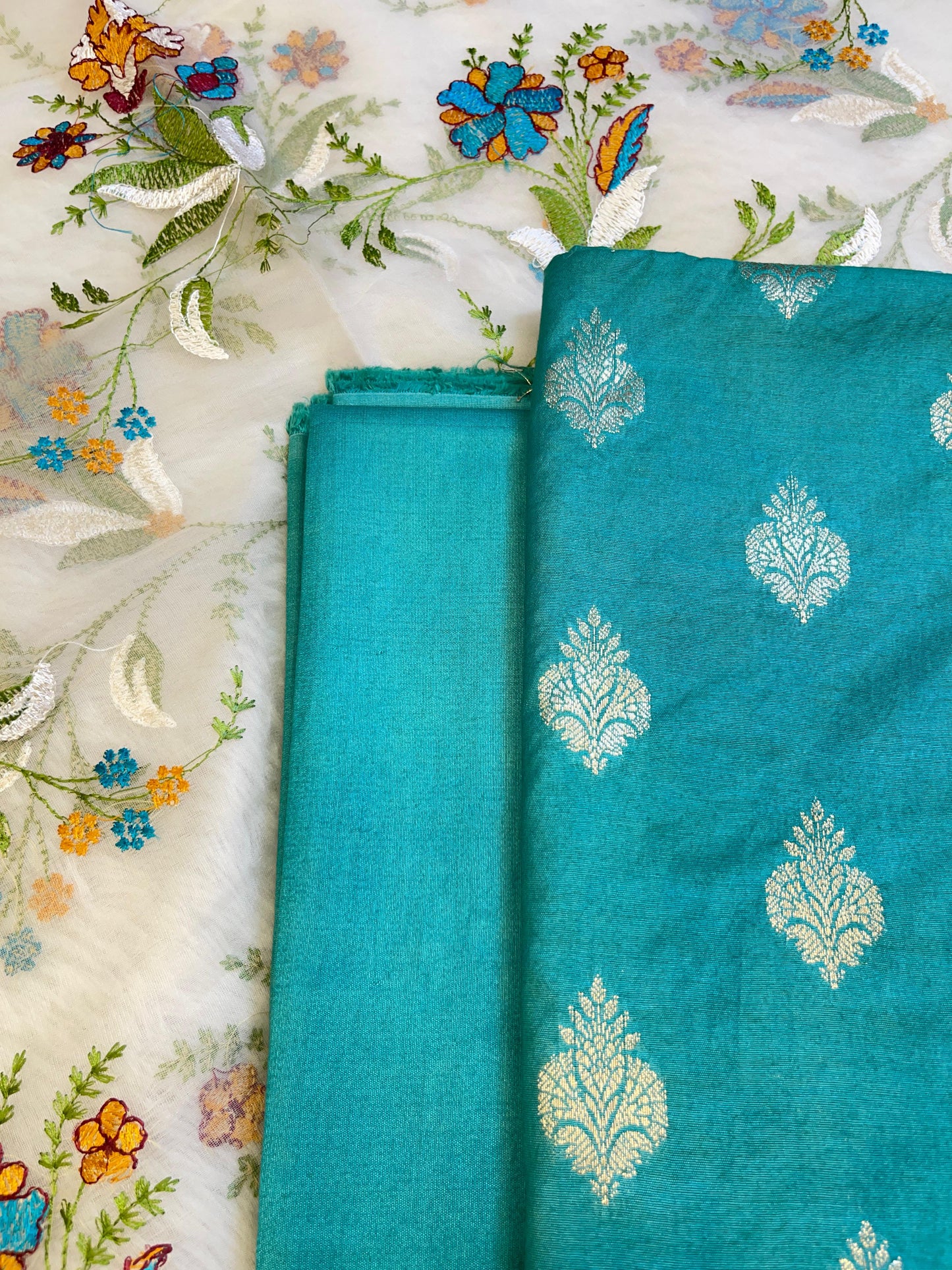 Seagreen Cotton Silk Dyable Floral Zari Booti with Embroidered Dupatta Banarasi 3 pcs Suit Set 14IM_DCS16