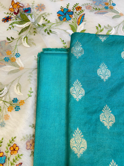 Seagreen Cotton Silk Dyable Floral Zari Booti with Embroidered Dupatta Banarasi 3 pcs Suit Set 14IM_DCS16