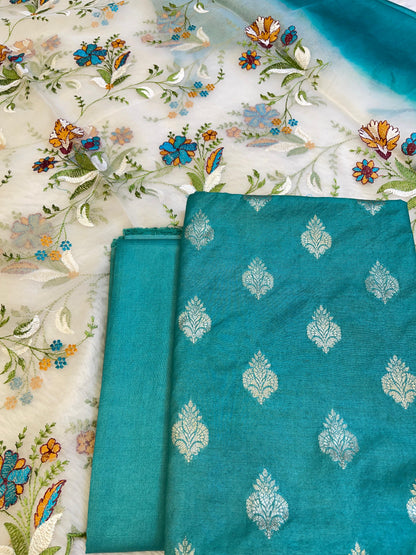 Seagreen Cotton Silk Dyable Floral Zari Booti with Embroidered Dupatta Banarasi 3 pcs Suit Set 14IM_DCS16