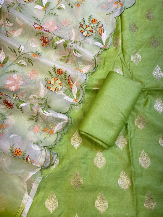 Pistagreen Cotton Silk Dyable Floral Zari Booti with Embroidered Dupatta Banarasi 3 pcs Suit Set 14IM_DCS17