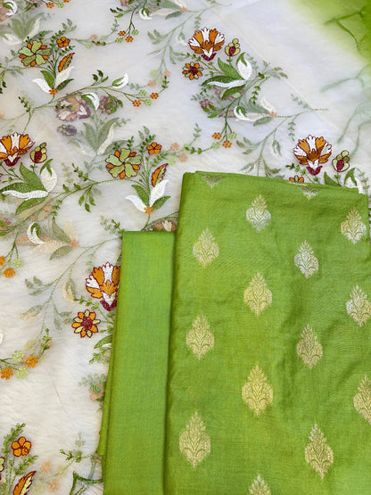Pistagreen Cotton Silk Dyable Floral Zari Booti with Embroidered Dupatta Banarasi 3 pcs Suit Set 14IM_DCS17