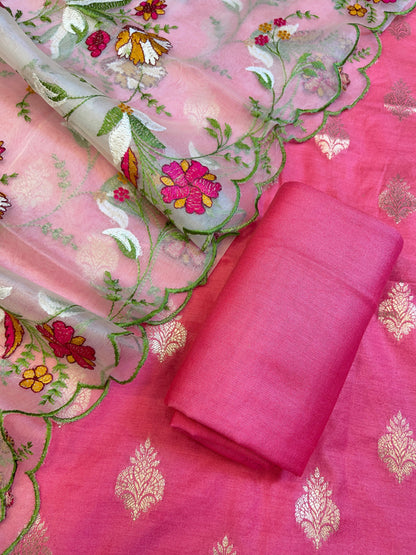Pink Cotton Silk Dyable Floral Zari Booti with Embroidered Dupatta Banarasi 3 pcs Suit Set 14IM_DCS18