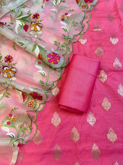 Pink Cotton Silk Dyable Floral Zari Booti with Embroidered Dupatta Banarasi 3 pcs Suit Set 14IM_DCS18