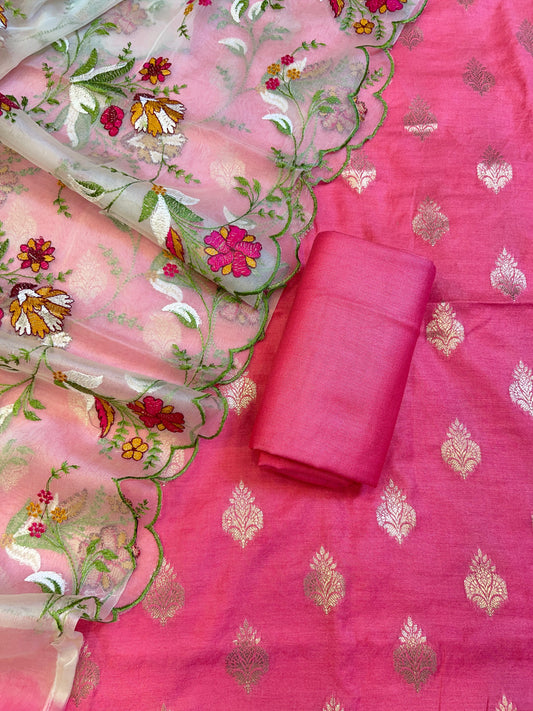 Pink Cotton Silk Dyable Floral Zari Booti with Embroidered Dupatta Banarasi 3 pcs Suit Set 14IM_DCS18