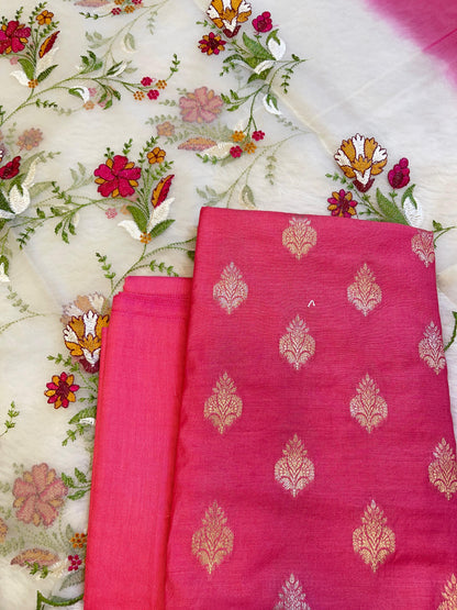 Pink Cotton Silk Dyable Floral Zari Booti with Embroidered Dupatta Banarasi 3 pcs Suit Set 14IM_DCS18