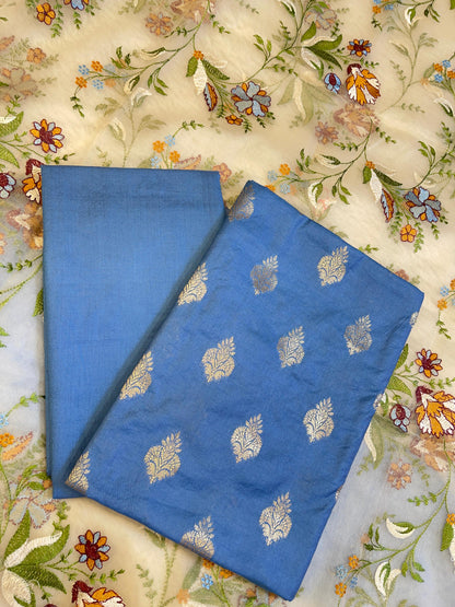 Violet Blue Cotton Silk Dyable Floral Zari Booti with Embroidered Dupatta Banarasi 3 pcs Suit Set 14IM_DCS19