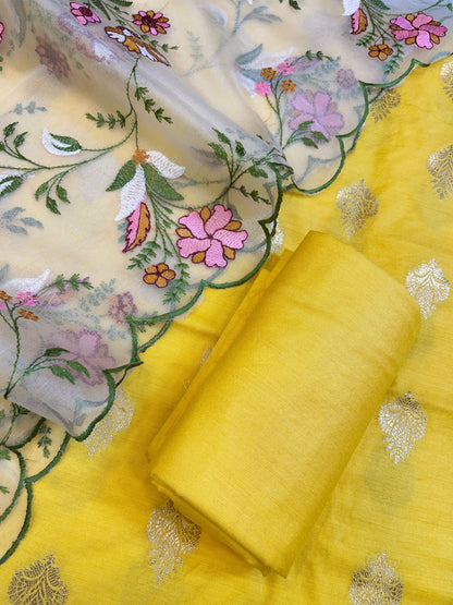 Yellow Cotton Silk Dyable Floral Zari Booti with Embroidered Dupatta Banarasi 3 pcs Suit Set 14IM_DCS21