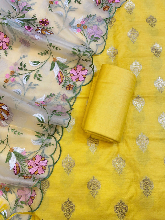 Yellow Cotton Silk Dyable Floral Zari Booti with Embroidered Dupatta Banarasi 3 pcs Suit Set 14IM_DCS21