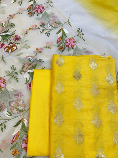 Yellow Cotton Silk Dyable Floral Zari Booti with Embroidered Dupatta Banarasi 3 pcs Suit Set 14IM_DCS21