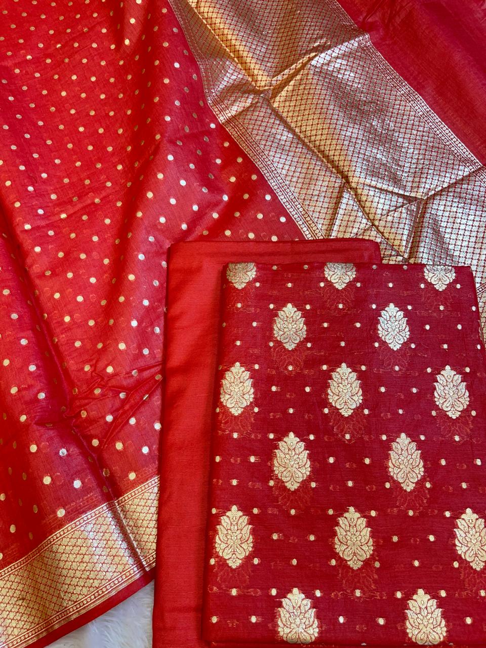 Red Pure Cotton Self Design Banarasi 3 pcs Suit Set 1200IM_PCSD8