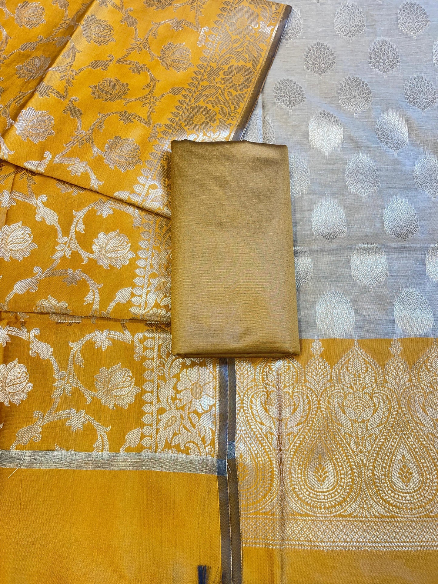 Beige Art Silk Floral Zari Booti Contrast Banarasi Suit with Mustard Dupatta 625AJ_TPT37