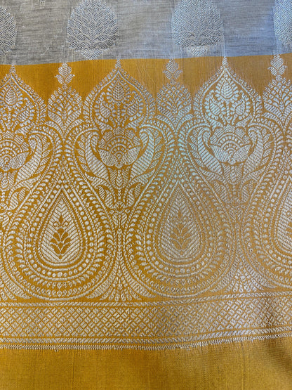Beige Art Silk Floral Zari Booti Contrast Banarasi Suit with Mustard Dupatta 625AJ_TPT37