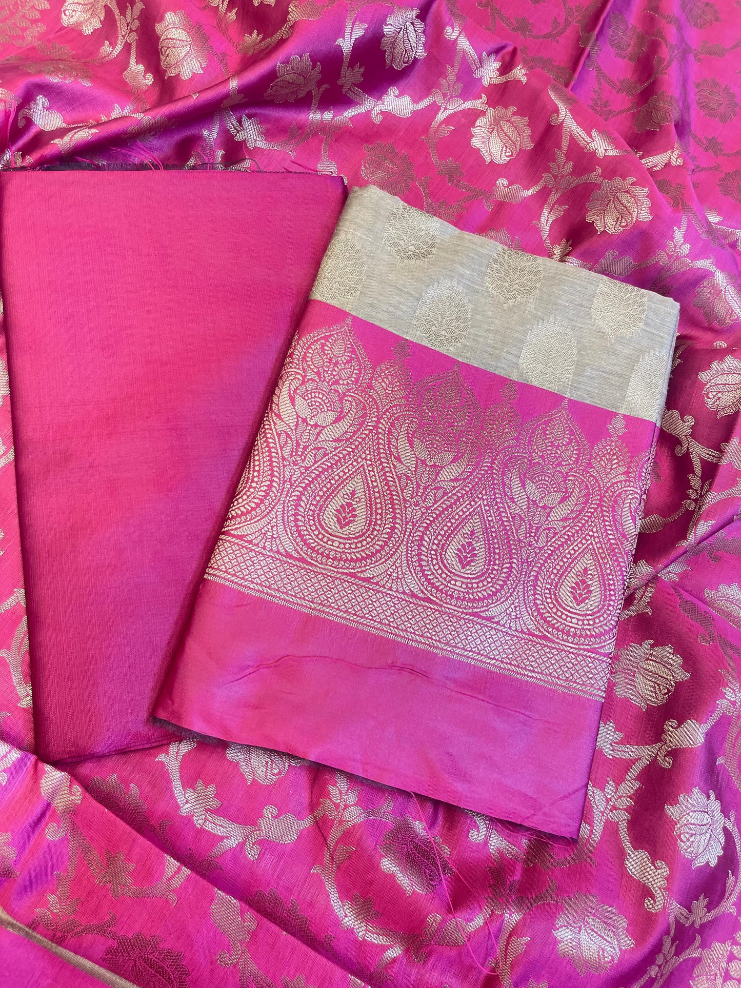 Beige Art Silk Floral Zari Booti Contrast Banarasi Suit with Pink Dupatta 625AJ_TPT38