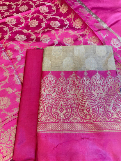 Beige Art Silk Floral Zari Booti Contrast Banarasi Suit with Pink Dupatta 625AJ_TPT38