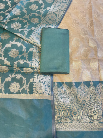 Beige Art Silk Floral Zari Booti Contrast Banarasi Suit with Dark Green Dupatta 625AJ_TPT39