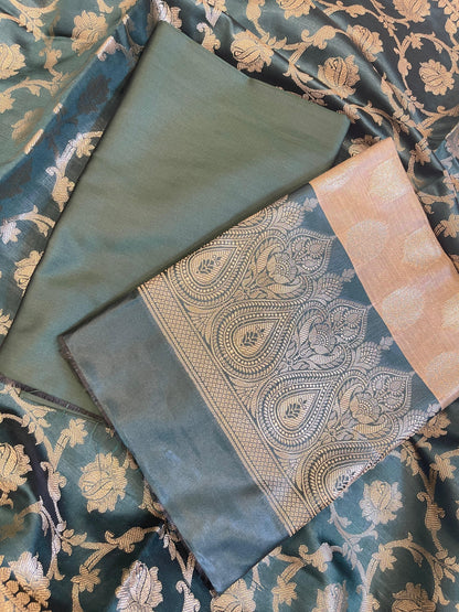 Beige Art Silk Floral Zari Booti Contrast Banarasi Suit with Dark Green Dupatta 625AJ_TPT39