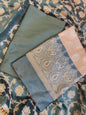 Beige Art Silk Floral Zari Booti Contrast Banarasi Suit with Dark Green Dupatta 625AJ_TPT39