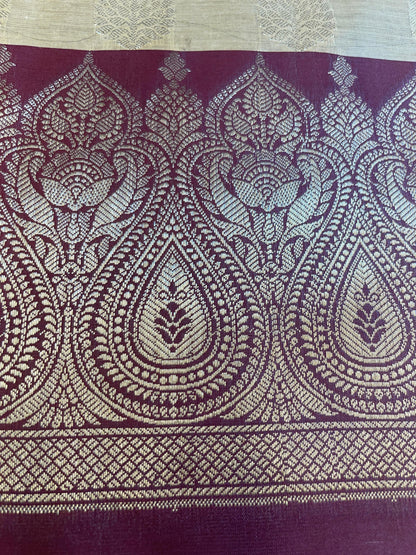 Beige Art Silk Floral Zari Booti Contrast Banarasi Suit with Maroon Dupatta 625AJ_TPT40