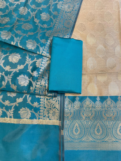 Beige Art Silk Floral Zari Booti Contrast Banarasi Suit with Seagreen Dupatta 625AJ_TPT41