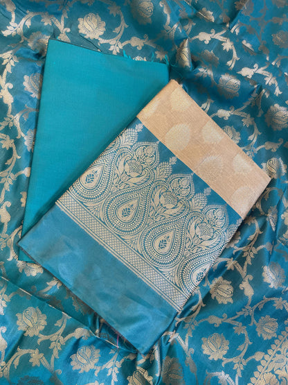 Beige Art Silk Floral Zari Booti Contrast Banarasi Suit with Seagreen Dupatta 625AJ_TPT41