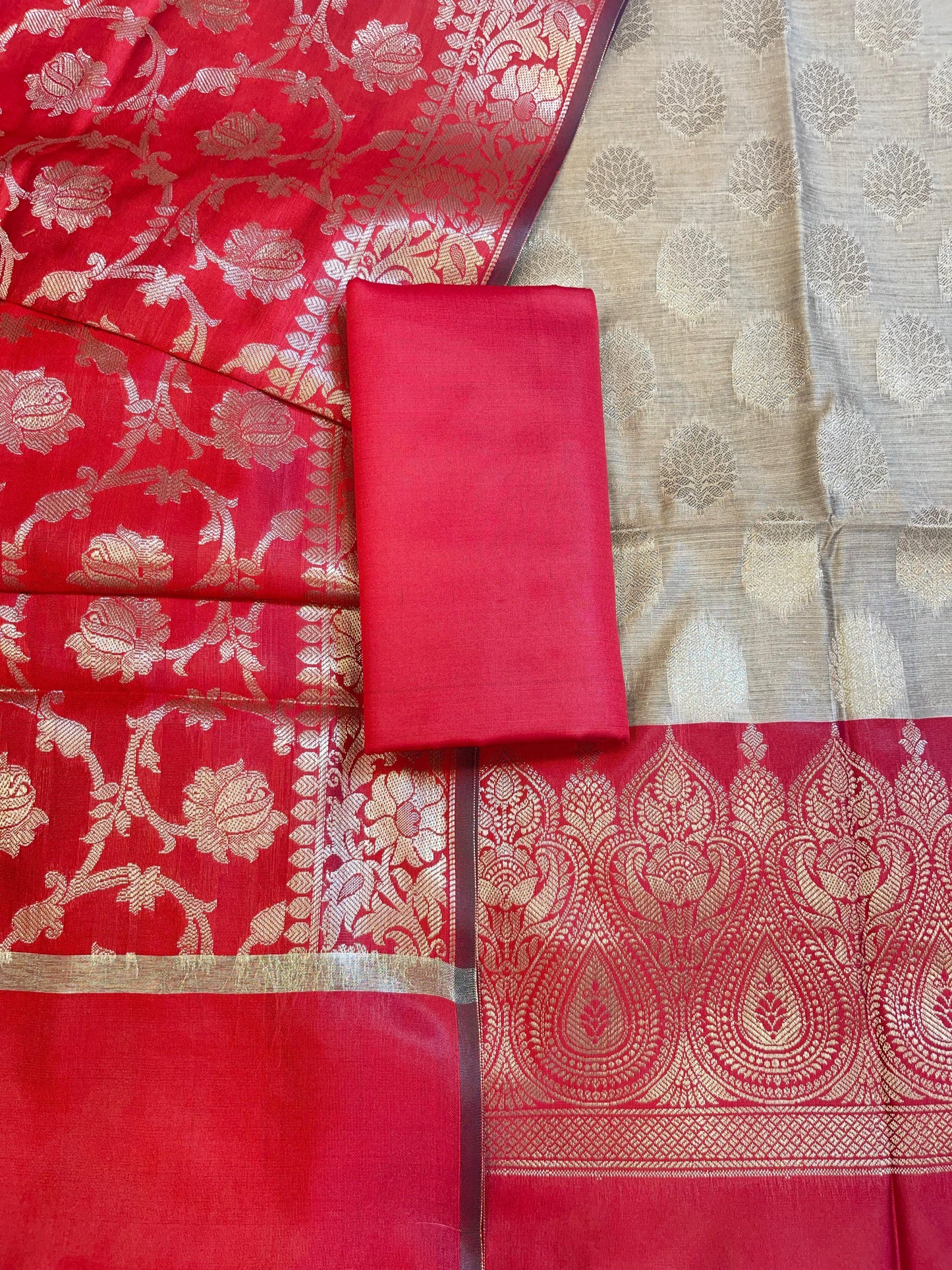 Beige Art Silk Floral Zari Booti Contrast Banarasi Suit with Red Dupatta 625AJ_TPT42