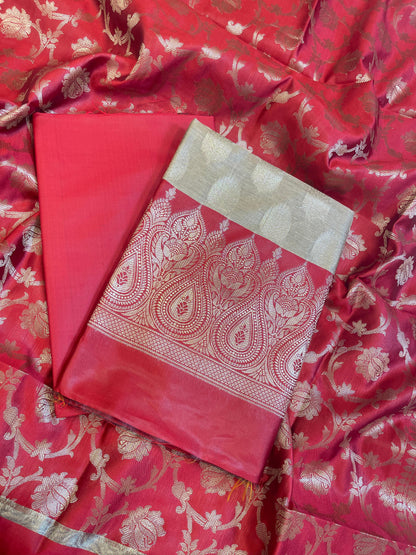 Beige Art Silk Floral Zari Booti Contrast Banarasi Suit with Red Dupatta 625AJ_TPT42