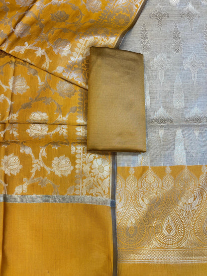 Beige Art Silk Floral Zari Booti Contrast Banarasi Suit with Mustard Dupatta 625AJ_TPT43