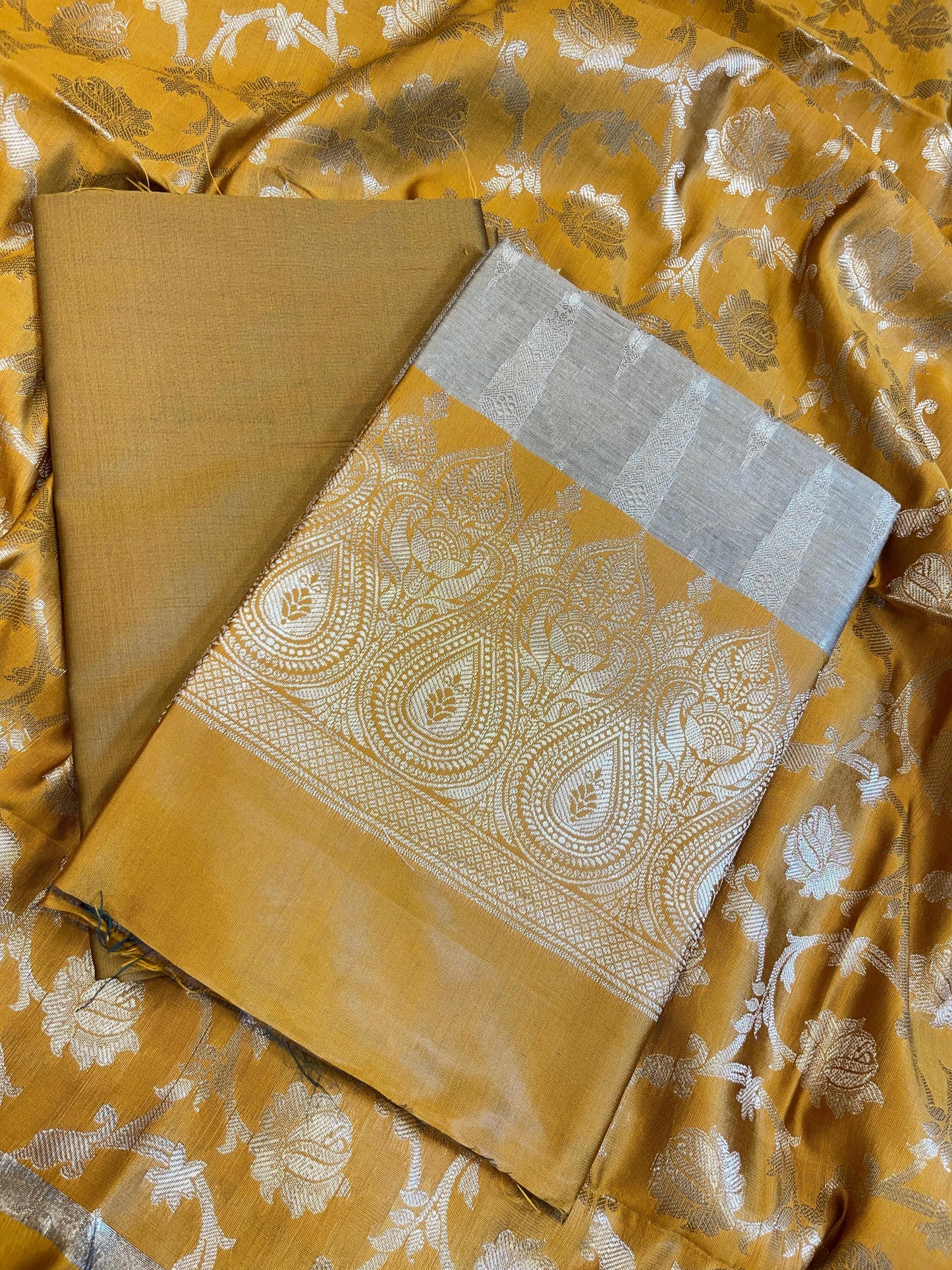 Beige Art Silk Floral Zari Booti Contrast Banarasi Suit with Mustard Dupatta 625AJ_TPT43