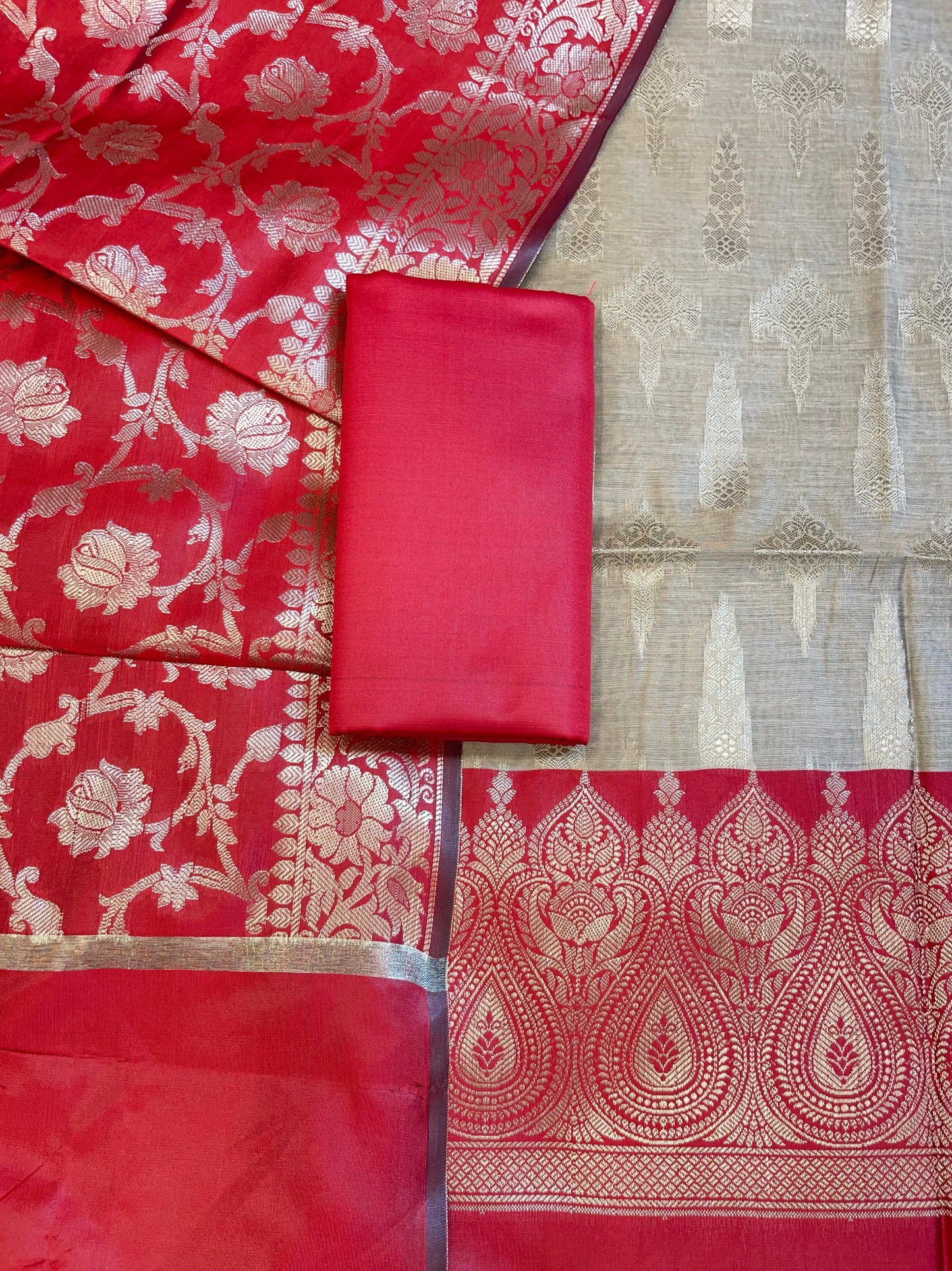 Beige Art Silk Floral Zari Booti Contrast Banarasi Suit with Red Dupatta 625AJ_TPT44