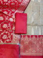 Beige Art Silk Floral Zari Booti Contrast Banarasi Suit with Red Dupatta 625AJ_TPT44