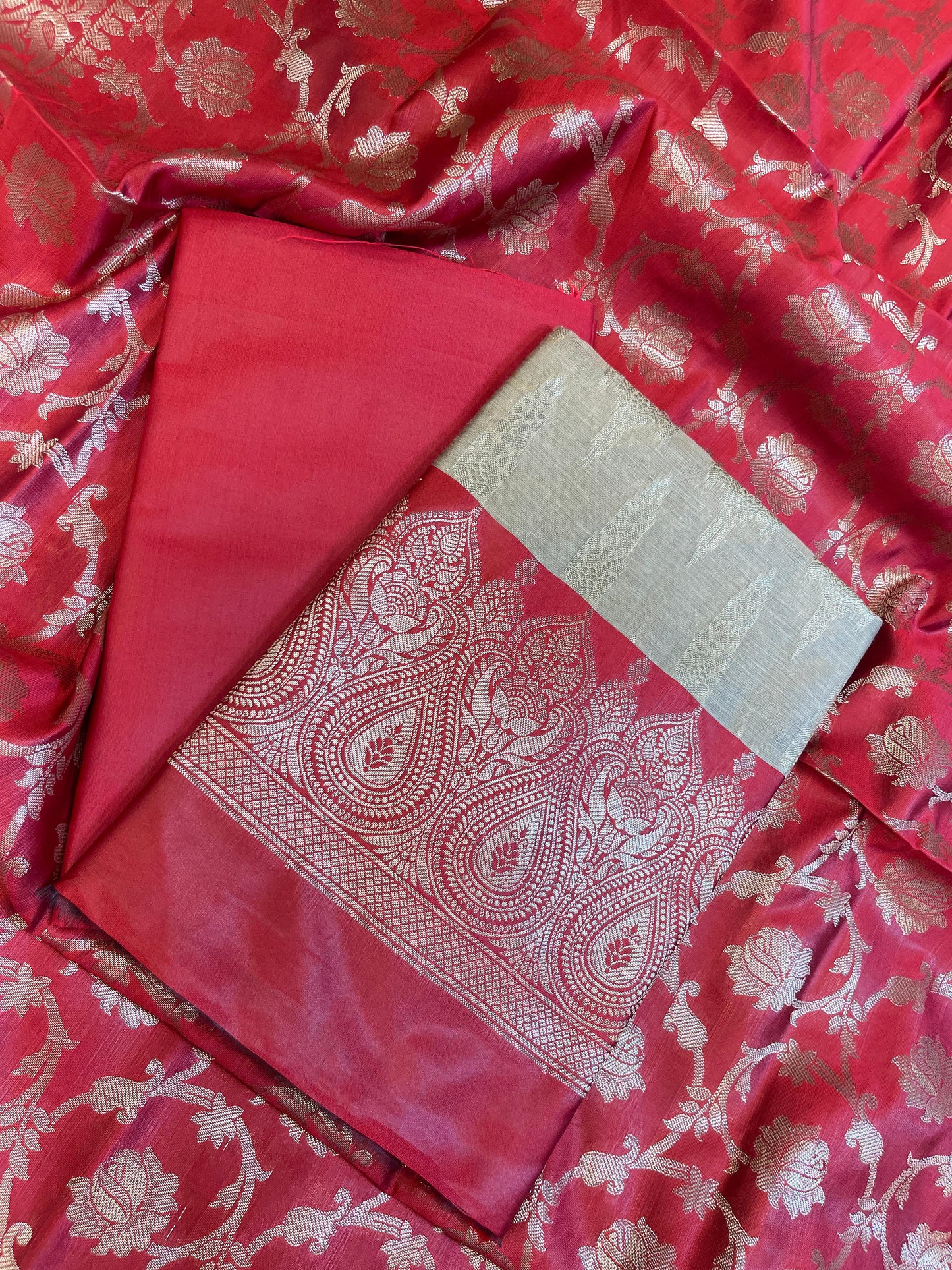Beige Art Silk Floral Zari Booti Contrast Banarasi Suit with Red Dupatta 625AJ_TPT44